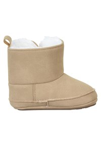 Beige textile boot with a soft white fur lining, low ankle height, flat sole, and a small back tab for easy wear. Features simple stitching.