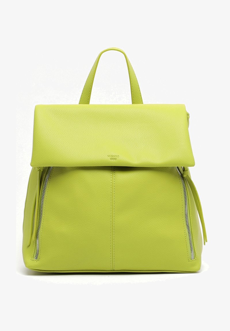 Sac à dos en cuir vert néon avec un rabat pliant, deux poches latérales zippées et une surface texturée. Dispose d'une poignée supérieure pour le transport.