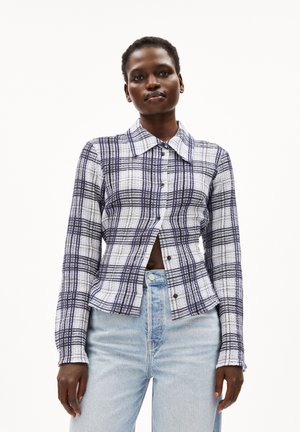 Plaid shirt with a mixed white, blue, and navy color scheme, featuring a collared neckline, button-down front, and fitted design.