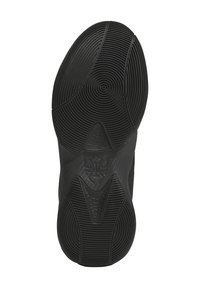 Svart atletisk sko sula med texturerad gummi som har koncentriska cirkelmönster, en central logotyp och ett tydligt båd stöd.