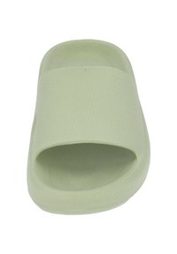 Light green slide sandal with a textured hexagonal pattern and an open-toe design. Made from flexible material, featuring a curved footbed.