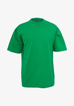 T-shirt en coton vert à manches courtes, col rond et coupe décontractée. Texture lisse, sans motifs ni embellissements, design basique.
