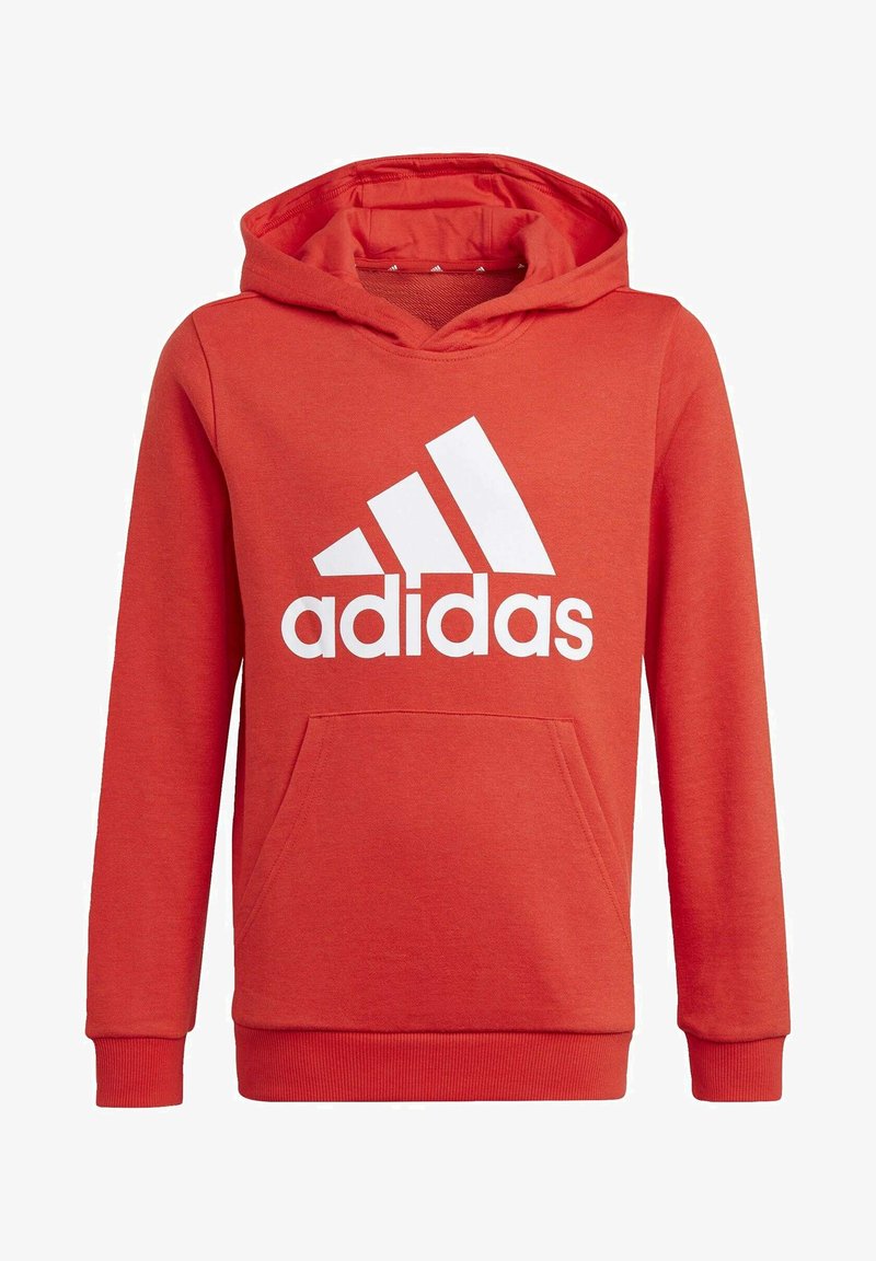 Felpa con cappuccio rossa in misto cotone, con tasca frontale e grande logo Adidas bianco. Polsini e orlo a costine.