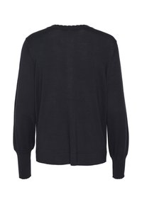 Melnā adīta kardigāna ar garām bumbierveida piedurknēm, viļņotu izgriezumu un taisnu apakšmalu. Mīksta tekstūra un vienkāršs dizains.