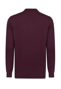 Burgunderfarbener Pullover, gestrickter Stoff, lange Ärmel, geknöpfter Kragen, gerippte Bündchen und Saum, schlichtes Design ohne weitere Muster.