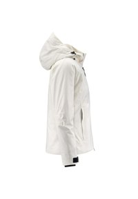 Giacca bianca impermeabile con cappuccio, dotata di tasche con zip e polsini regolabili. Texture liscia con design minimalista e senza motivi.