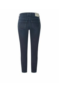 Ciemnoniebieskie dżinsy o dopasowanym kroju, z dwoma tylnymi kieszeniami i metką z logo na tylnej części pasa.