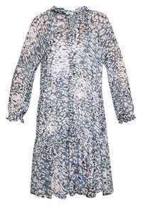 Šaty s květinovým vzorem, dlouhými nabíranými rukávy, nařaseným výstřihem a vrstvenou sukní. Barvy zahrnují modrou, růžovou a černou.