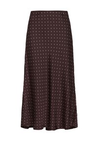 Falda marrón con lunares, de diseño fluido, con puntos rosa claro, corte hasta la rodilla y textura suave.