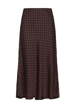 Hnedá sukňa s bodkami s plynulým dizajnom, obsahujúca svetlo ružové bodky, dĺžka po kolená a hladká textúra.