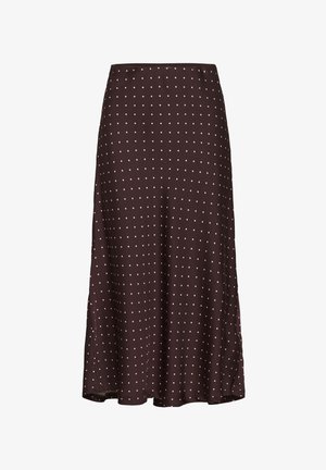 Pruunikas täpilise mustriga seelik, voolava kujundusega, millel on heledad roosad täpid, põlvepikkune lõige ja sile tekstuur.