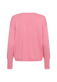 Pull rose pâle à manches longues, col rond et poignets côtelés, vu de dos sur fond blanc.