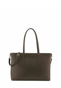 Sac fourre-tout en cuir marron avec deux poignées d'épaule et une bandoulière croisée réglable. Texture lisse, design minimaliste et pas de pièces métalliques apparentes.