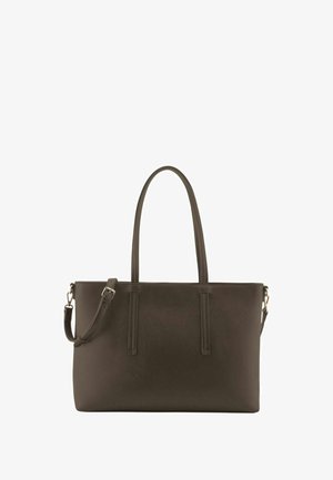 Sac fourre-tout en cuir marron avec deux poignées d'épaule et une bandoulière croisée réglable. Texture lisse, design minimaliste et pas de pièces métalliques apparentes.
