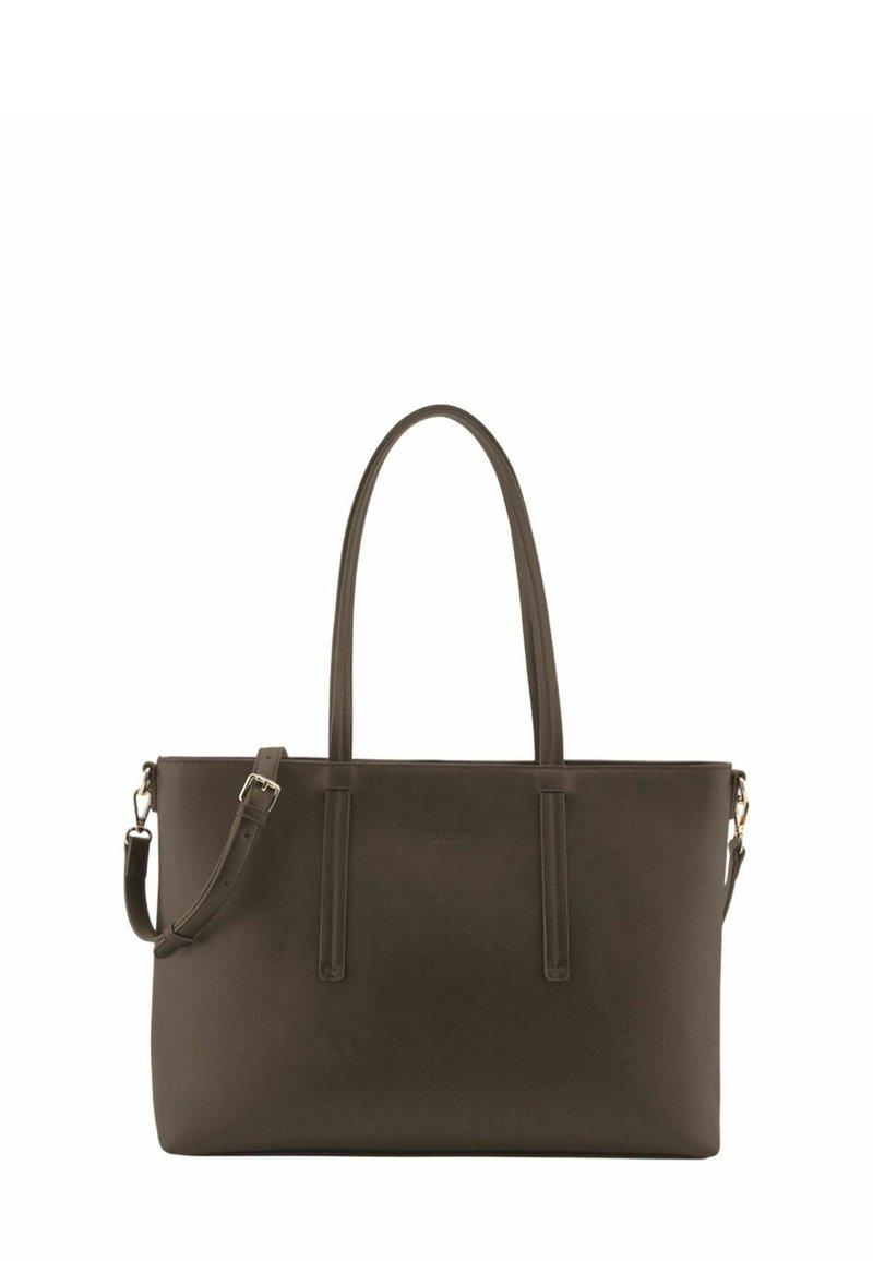 Sac fourre-tout en cuir marron avec deux poignées d'épaule et une bandoulière croisée réglable. Texture lisse, design minimaliste et pas de pièces métalliques apparentes.