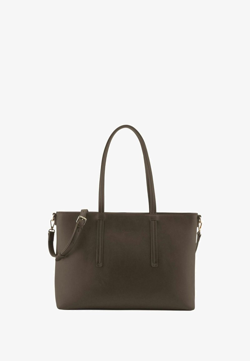 Sac fourre-tout en cuir marron avec deux poignées d'épaule et une bandoulière croisée réglable. Texture lisse, design minimaliste et pas de pièces métalliques apparentes.