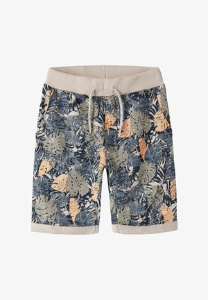 Kinderkorte broek met elastische tailleband en trekkoord, uitgevoerd met een blauw, beige en perzikkleurig tropisch bladprint en omgeslagen boorden.