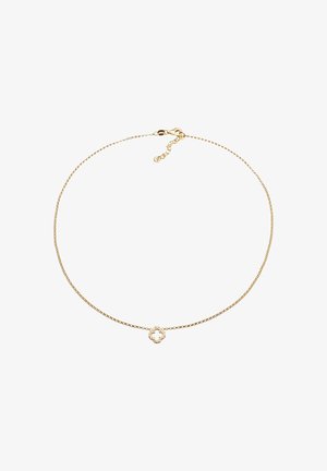 Goldkette mit einem zarten, gemusterten Anhänger in der Mitte. Verfügt über einen Karabinerverschluss und eine verstellbare Verlängerungskette.