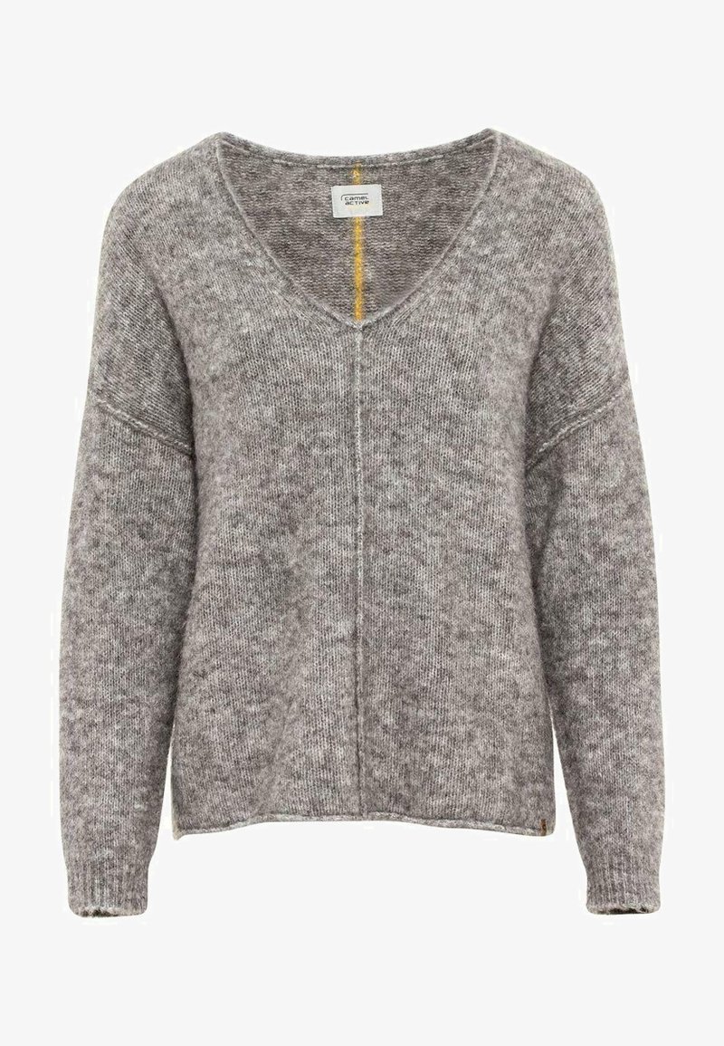 Pull gris en maille avec col en V, manches longues et couture visible courant verticalement au centre avant.