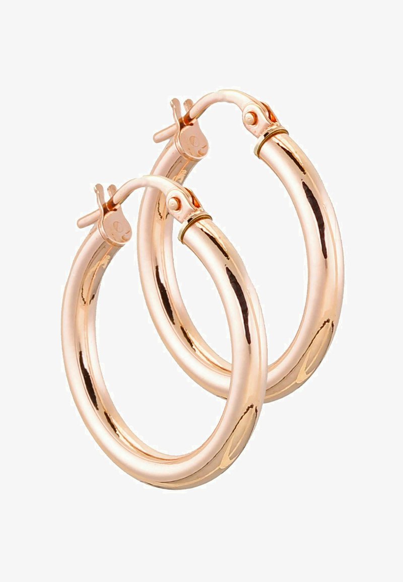 Kolczyki koła w kolorze różowego złota z polerowanym wykończeniem, o klasycznym okrągłym kształcie i bezpiecznym zapięciu na zawias.