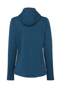 Donkerblauwe hoodie met een gestructureerd ruitpatroon, voorzien van lange mouwen en een capuchon met trekkoord. Soepele stof met een getailleerde pasvorm.