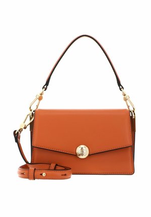 Rectangular tan leather handbag with flap, gold circular clasp, top handle, and detachable long shoulder strap on white background.