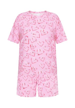 Lyhythihainen vaaleanpunainen pyjamapuku, jossa on sydänkuvio eri sävyissä, rento istuvuus ja pehmeä puuvillamateriaali mukavuutta varten.