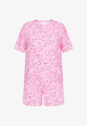Kurzärmeliges rosa Pyjama-Set mit Herzmuster in verschiedenen Farbtönen, lockerem Schnitt und weichem Baumwollmaterial für Komfort.