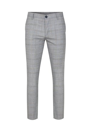 Szare, kratkowane spodnie o dopasowanym kroju, z niebieskim wzorem w kratkę, przednimi kieszeniami oraz jednopunktowym zapięciem.