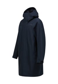 Marineblauwe waterdichte parka met capuchon, voorzien van een ritsluiting aan de voorkant, lange mouwen en verstelbare manchetten voor extra comfort en pasvorm.