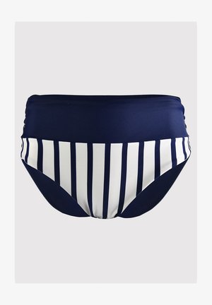 Bikini dolna część o wysokim stanie w granatowo-białe paski, wykonana z elastycznego materiału o gładkiej fakturze i bez widocznych elementów metalowych.