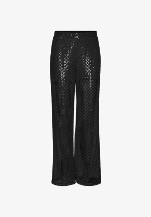 Musta leveälahkeiset housut, jotka on tehty timanttikuvioisesta paljettikankaasta. Niissä on korkea vyötärö ja väljälahkeinen istuvuus mukavuutta ja tyyliä varten.