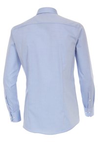 Light blue long-sleeve shirt with a smooth fabric, pointed collar, and buttoned cuffs. Features a rounded hem and structured back design.