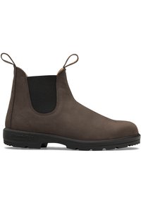 Stivaletto Chelsea in pelle marrone con pannelli elastici laterali, linguette di trazione e suola in gomma, progettato per la durata e il comfort nell'indossarlo.