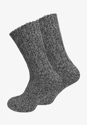 Chaussettes tricotées dans un motif en côtes, avec un fil gris et noir. Le tissu épais offre une texture confortable avec des zones renforcées au niveau du talon et des orteils.