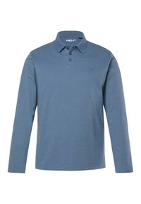 Polo triko s dlouhým rukávem ve světle modré barvě, vyrobené z měkké látky. Obsahuje límec, tříknoflíkovou légu a malou nášivku na hrudi.