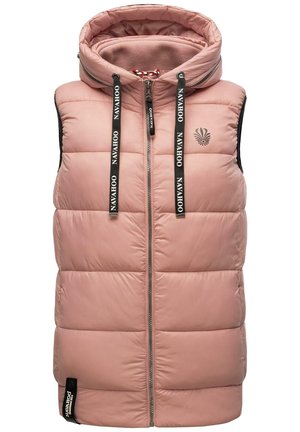 Padded sleeveless vest w miękkim różowym kolorze, z wysokim kołnierzem, zamkiem błyskawicznym z przodu i czarnymi akcentami. Posiada logo oraz regulowane sznurki.