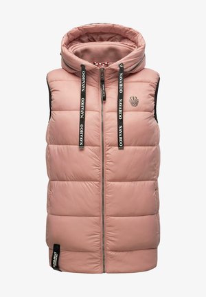 Gepolsterte ärmellose Weste in sanftem Rosa mit hohem Kragen, Frontreißverschluss und schwarzen Akzenten. Mit Logo und verstellbaren Kordelzügen.