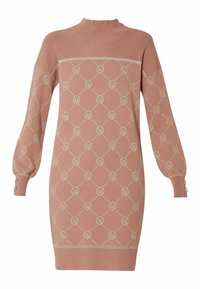Robe en maille rose poussiéreuse avec encolure côtelée. Présente un motif losange à motifs avec logo, des manches bouffantes et des boutons aux poignets.