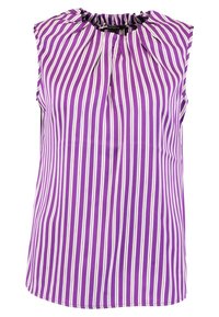Purple sleeveless blouse featuring white vertical stripes, gathered neckline, and a straight hemline. Made of lightweight fabric.