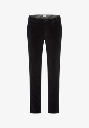 Zwarte corduroy broek met een rechte pasvorm, voorzien van een gestructureerd patroon, zijzakken en een patroon aan de binnenband.