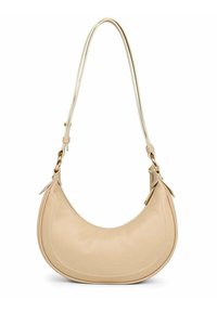 Borsa a spalla in pelle beige con forma arrotondata, doppi manici e dettagli di cucitura discreti. Texture liscia con minimi accenti hardware.