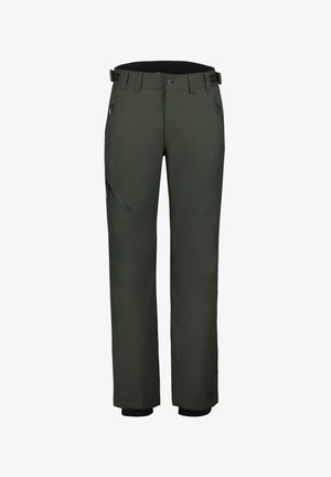 Donkergroene outdoor broek met een gladde textuur, een verstelbare tailleband, ritszakken en versterkte zomen voor duurzaamheid.