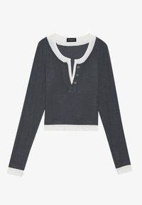 Dark gray long-sleeve top with white collar and cuffs, featuring a deep V-neck and four button placket. Soft, lightweight fabric.