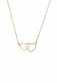 Goudkleurige ketting met twee in elkaar grijpende hartvormen. De harten hebben open centra, met een delicate ketting. Eenvoudig en minimalistisch ontwerp.