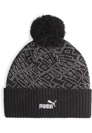 Czarna dzianinowa beanie z teksturowanym wzorem w odcieniu szarości. Posiada czarną pompon na górze oraz ściągacz na brzegu z białym logo Pumy z przodu.