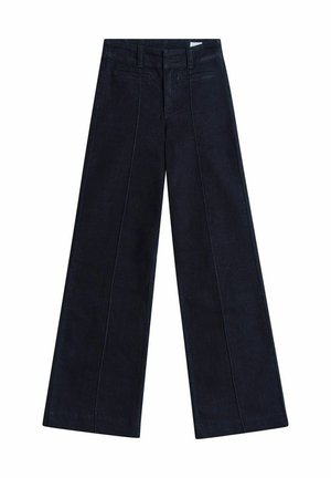 Dark denim wide-leg trousers featuring a high waist, front creases, and two back pockets. Smooth texture with subtle stitching details.