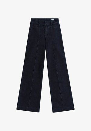 Dark denim wide-leg trousers featuring a high waist, front creases, and two back pockets. Smooth texture with subtle stitching details.