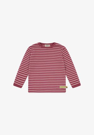 Langemouw, ronde hals top in bordeauxrood met crèmekleurige horizontale strepen. Zachte textuur met een klein merklabel aan de onderkant links.