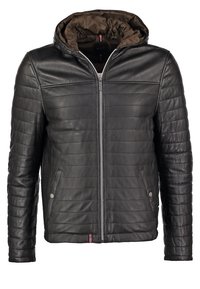 Giubbotto di pelle nera con cappuccio, design trapuntato, chiusura con zip, due tasche laterali e fodera marrone. Presenta dettagli di cucitura sottili.